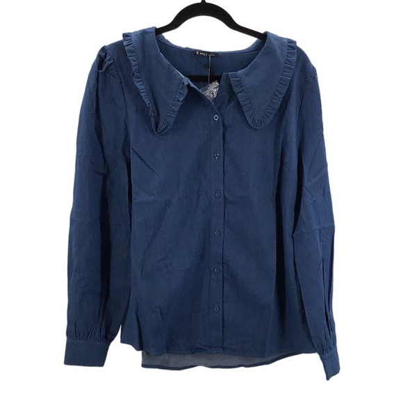 VERY J sz s blue denim Peter Pan collar ruffle long sleeve top blouse NWT B164 - Picture 1 of 6